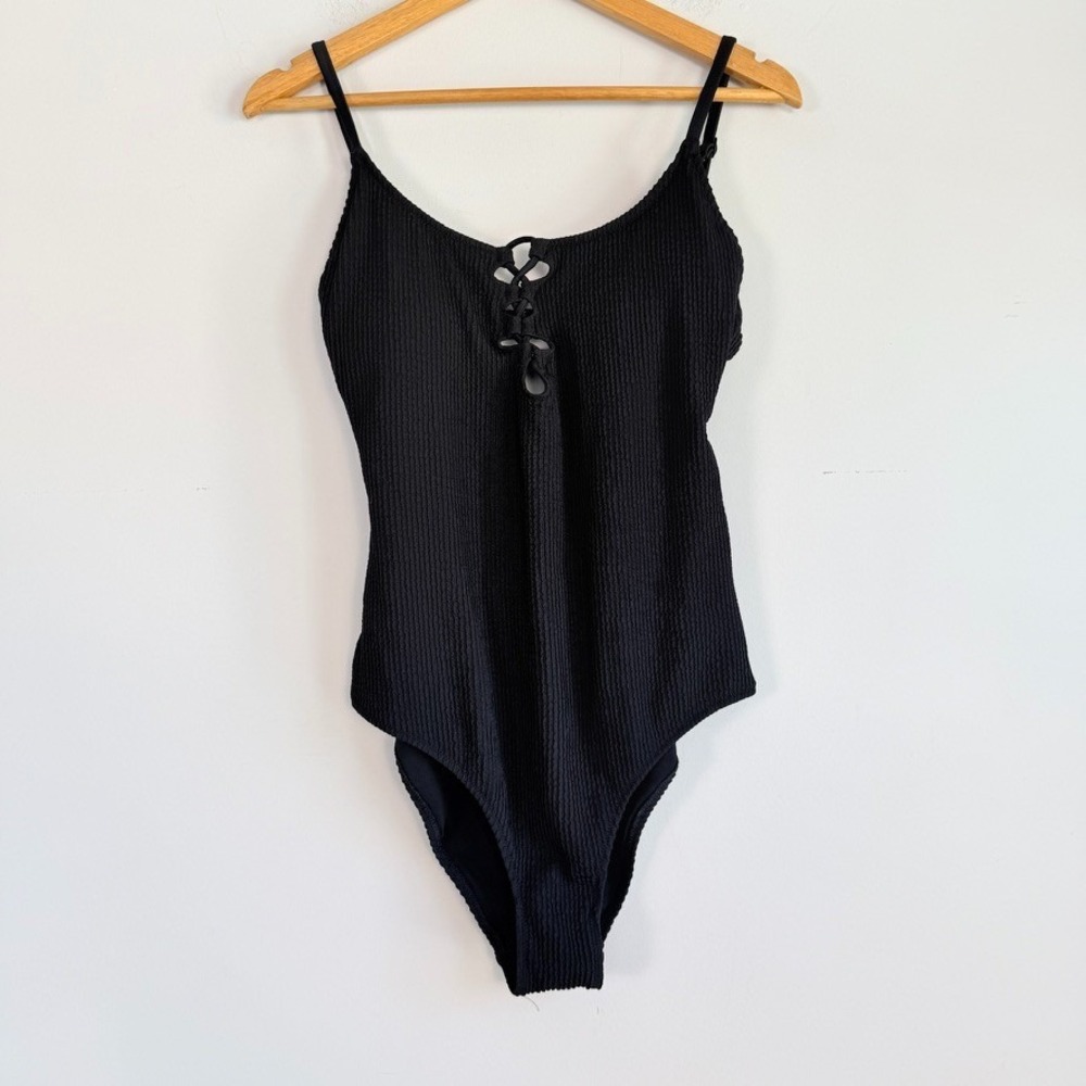 Aerie Crinkle Lace Up One Piece Swimsuit Large UPF 50 Black Vacation Travel